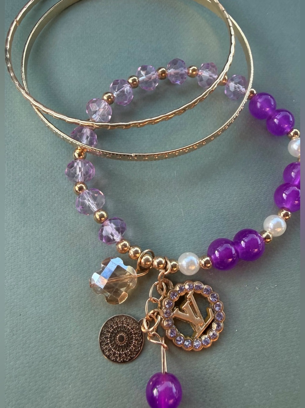 LV Gold-Tone Purple Beaded Elastic Charm Bracelet with two gold tone bangles